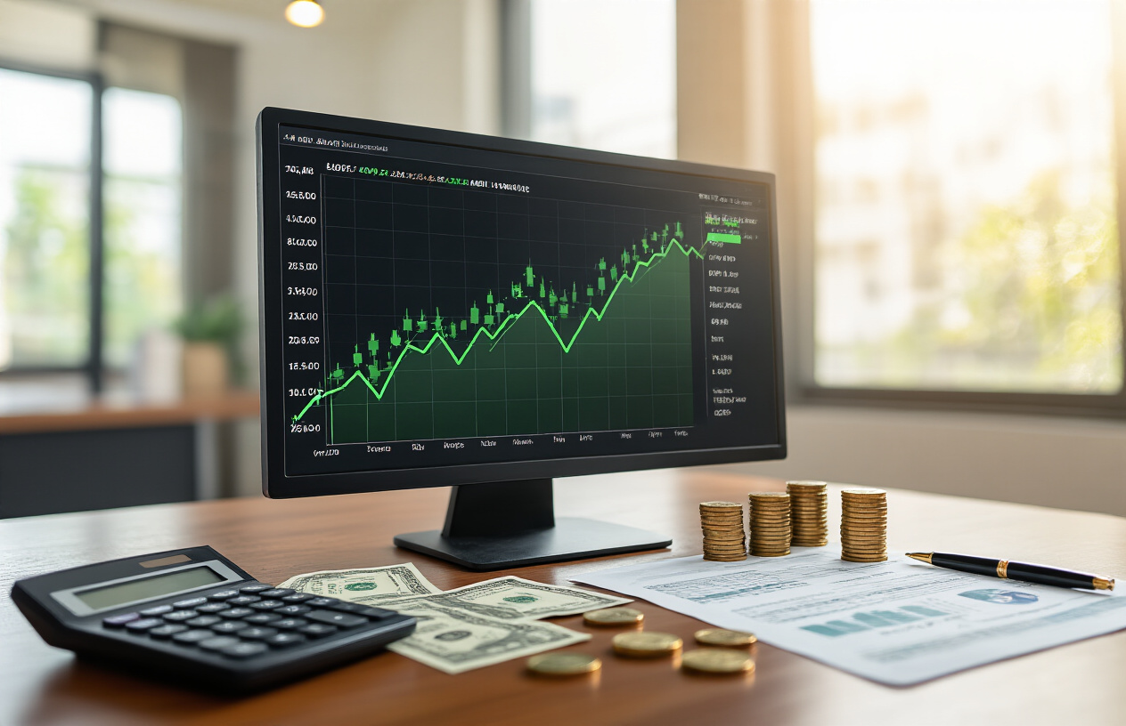 Create a realistic image of an upward trending stock chart displayed on a modern computer monitor showing green growth arrows and ascending line graphs, surrounded by Indian rupee currency notes and coins scattered on a polished wooden desk, with a sleek calculator, financial documents, and a pen nearby, set in a well-lit professional office environment with warm natural lighting streaming through a window, conveying success and profitable long-term investment growth, absolutely NO text should be in the scene.