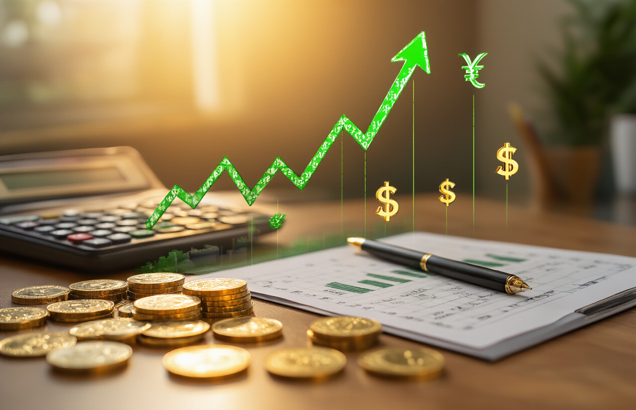Create a realistic image of an upward trending financial chart with green arrow indicators pointing upward, Indian rupee currency symbols and coins scattered around the chart, a calculator and pen placed nearby, warm golden lighting creating an optimistic atmosphere, with a clean modern office desk background, conveying growth and profitability in the Indian stock market, absolutely NO text should be in the scene.