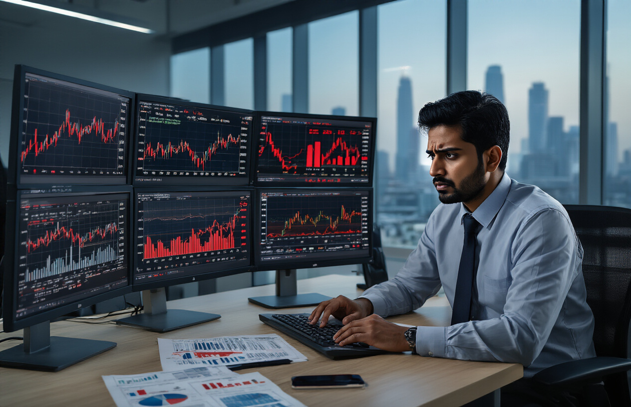 Create a realistic image of a South Asian male financial analyst in business attire sitting at a modern office desk, looking concerned while reviewing financial charts and graphs on multiple computer monitors showing declining stock market trends, with red warning indicators and risk assessment documents scattered on the desk, set in a contemporary Indian corporate office environment with glass windows showing Mumbai skyline in the background, dramatic lighting creating shadows to emphasize the serious mood of financial risk evaluation, absolutely NO text should be in the scene.