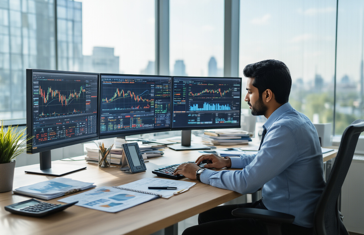 Create a realistic image of a South Asian male financial analyst in his 30s sitting at a modern office desk with multiple computer monitors displaying stock charts, financial graphs, and data analytics dashboards, surrounded by organized financial documents and reports, with a calculator and notebook nearby, in a professional corporate office environment with large windows showing a cityscape view, under bright natural lighting that creates a focused and analytical atmosphere, with the person actively analyzing investment data on the screens. Absolutely NO text should be in the scene.