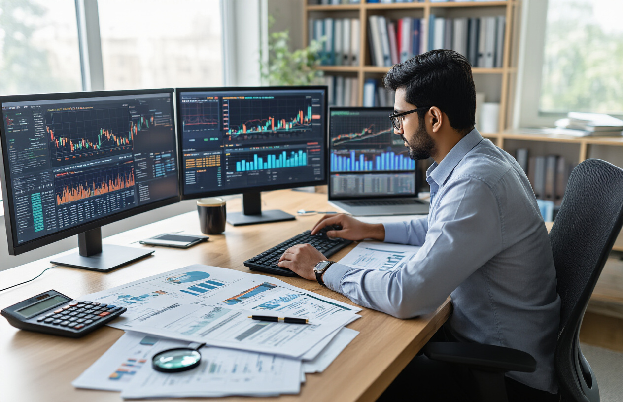 Create a realistic image of a professional Indian male analyst in a modern office environment, sitting at a desk with multiple computer monitors displaying financial charts, stock graphs, and data analytics dashboards, surrounded by financial documents and reports spread across the desk, with a calculator, magnifying glass, and pen nearby, soft natural lighting from a window, clean corporate background with bookshelves containing financial publications, focused and analytical mood, absolutely NO text should be in the scene.