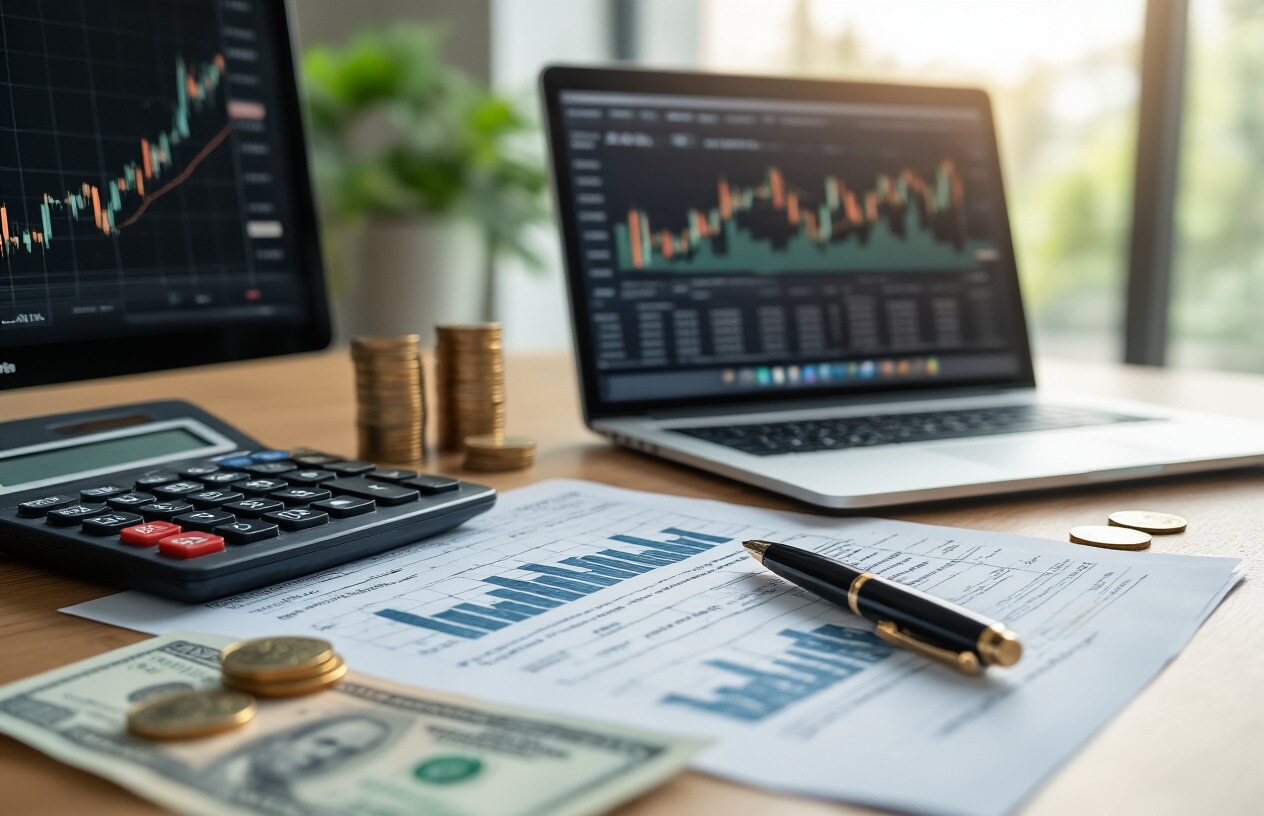 Create a realistic image of a clean modern office desk with financial documents and charts showing stock performance graphs, a calculator, a pen, and a laptop displaying stock market data, with Indian rupee notes and coins scattered nearby, set against a professional office background with soft natural lighting coming through a window, conveying a sense of successful long-term investment planning and financial growth, absolutely NO text should be in the scene.