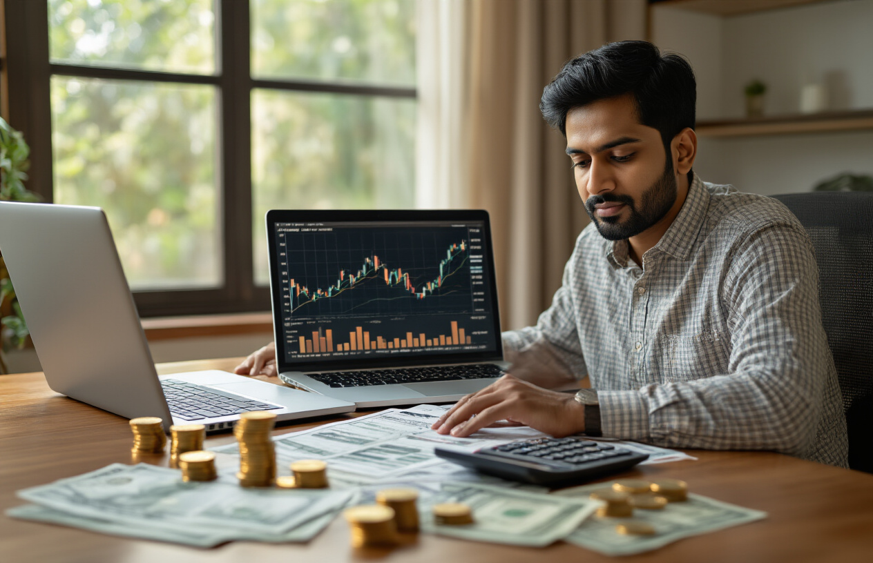 Create a realistic image of a South Asian male investor in his 30s sitting at a modern desk with a laptop, calculator, and financial documents spread out, with Indian rupee coins and notes arranged in ascending piles representing gradual investment growth, a subtle stock market chart graph visible on the laptop screen showing upward trends, warm natural lighting from a window creating a professional yet approachable atmosphere in a contemporary home office setting, absolutely NO text should be in the scene.