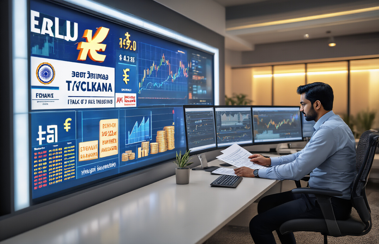 Create a realistic image of a modern Indian stock market scene featuring prominent blue-chip company logos and symbols arranged on a sleek digital display board, with the Indian rupee symbol prominently featured, stock charts showing steady upward trends in the background, a professional Indian male analyst in business attire reviewing financial documents at a contemporary trading desk with multiple computer screens, warm office lighting creating a confident and stable atmosphere, absolutely NO text should be in the scene.