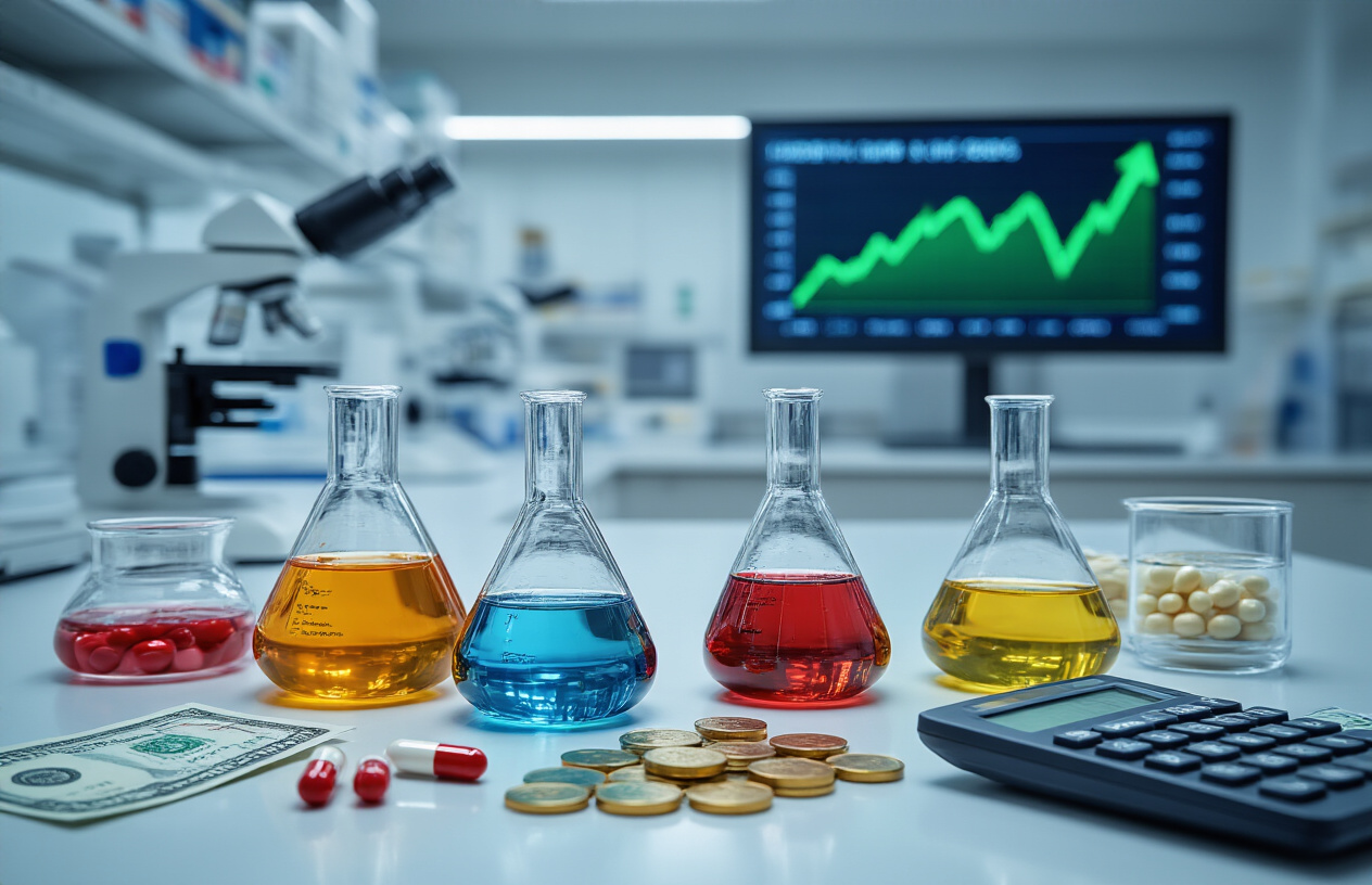 Create a realistic image of a modern Indian pharmaceutical laboratory with glass beakers containing colorful chemical solutions, laboratory equipment including microscopes and test tubes, medical pills and capsules scattered on a clean white lab bench, Indian rupee currency notes and coins placed strategically around the scientific equipment, a digital stock market chart displaying upward trending green arrows projected on a wall screen in the background, bright clinical lighting illuminating the sterile laboratory environment, with a calculator and investment documents visible on the workspace, absolutely NO text should be in the scene.