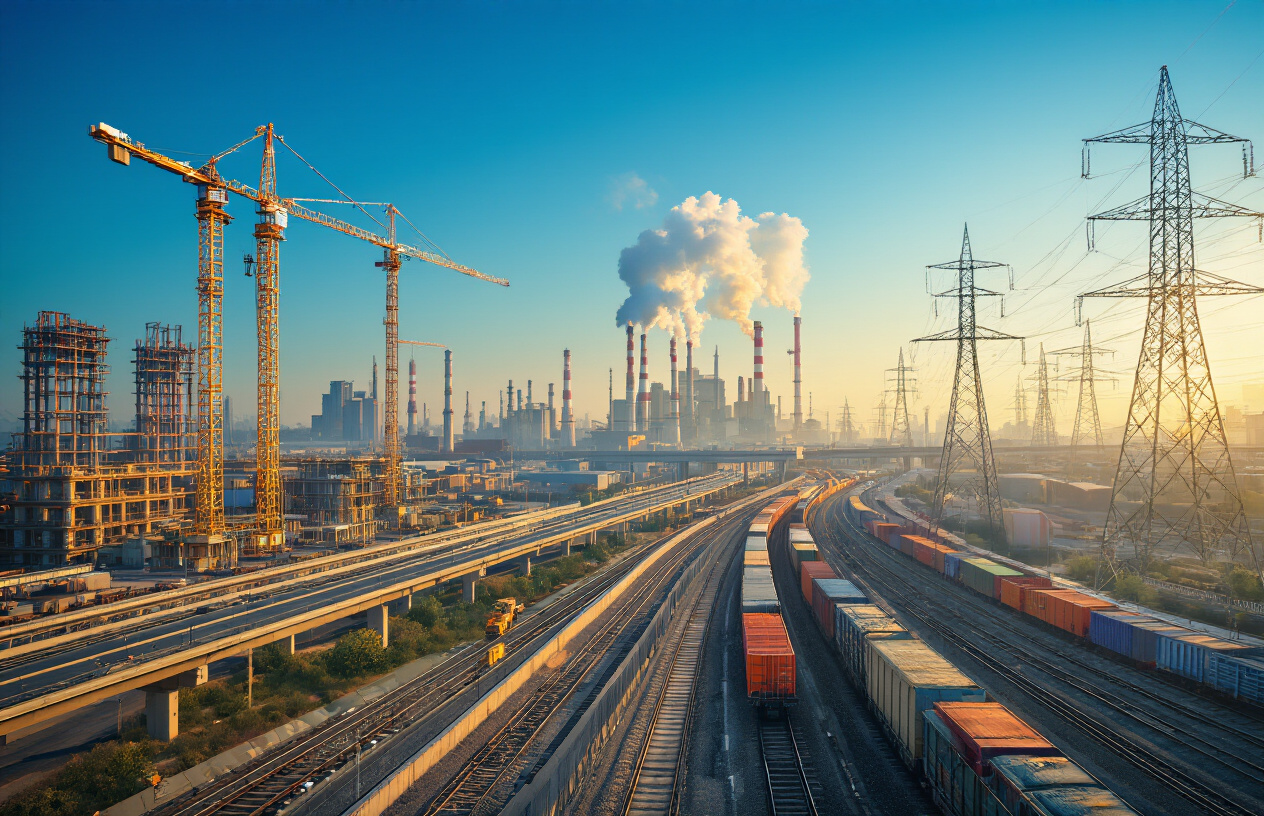 Create a realistic image of a modern industrial landscape showcasing India's infrastructure development with construction cranes building skyscrapers, a network of highways and bridges, steel manufacturing plants with smokestacks in the background, railway tracks with freight trains, and power transmission towers stretching across the horizon under a clear blue sky with warm golden sunlight, representing long-term economic growth and industrial progress, absolutely NO text should be in the scene.