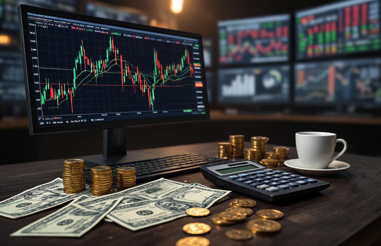 Create a realistic image of a dynamic financial trading scene featuring a computer screen displaying volatile stock charts with dramatic red and green candlestick patterns showing extreme price fluctuations, scattered Indian rupee banknotes and coins on a dark wooden desk, a calculator, financial newspapers with stock listings, and a coffee cup, with dramatic lighting creating strong shadows to emphasize the high-risk nature of penny stock trading, set against a blurred background of multiple trading monitors, absolutely NO text should be in the scene.