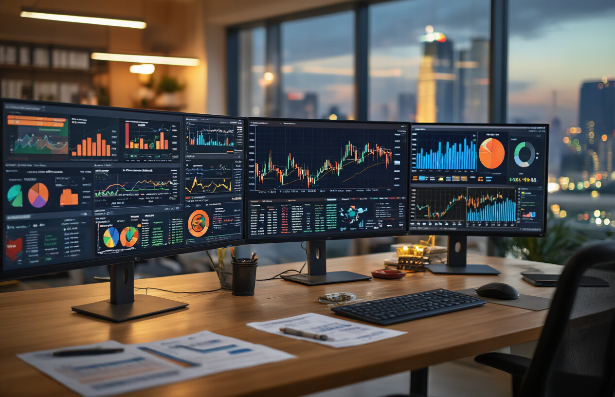 Create a realistic image of a modern Indian financial analyst's workspace featuring multiple computer monitors displaying colorful sector-wise investment charts and graphs, with pie charts showing different industry sectors like technology, healthcare, banking, manufacturing, and energy, Indian rupee currency symbols and stock market data visualizations on screens, a clean office desk with financial documents and calculators, warm professional lighting, contemporary office interior with glass windows showing an Indian cityscape in the background, absolutely NO text should be in the scene.