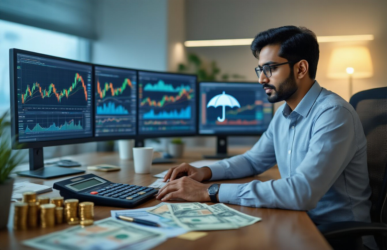Create a realistic image of a South Asian male financial advisor in his 30s sitting at a modern office desk with multiple computer monitors displaying colorful stock charts and graphs, a calculator and financial documents spread on the desk, Indian rupee currency notes and coins visible in the foreground, a protective umbrella icon subtly placed among the papers symbolizing risk protection, warm professional lighting illuminating the scene, clean modern office background with subtle blue and green color scheme suggesting stability and growth, the person wearing business attire and appearing focused while analyzing data, absolutely NO text should be in the scene.