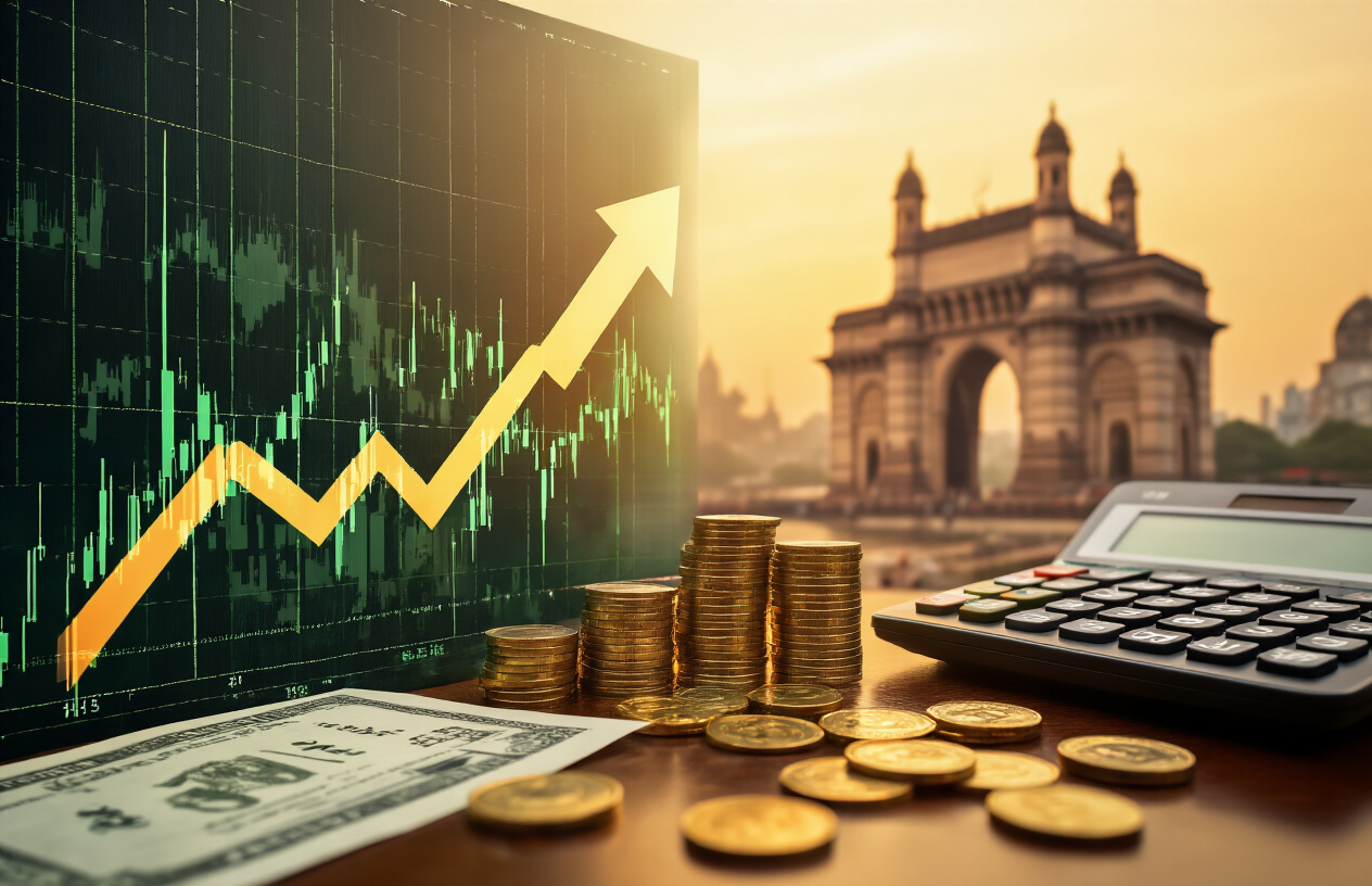 Create a realistic image of an upward trending stock market graph with green candlestick charts and arrows pointing upward, overlaid on a background featuring iconic Indian landmarks like the Gateway of India silhouette, with scattered Indian rupee coins and stock certificates around the scene, warm golden lighting suggesting prosperity and growth, a professional financial atmosphere with calculator and investment documents on a polished wooden desk, absolutely NO text should be in the scene.