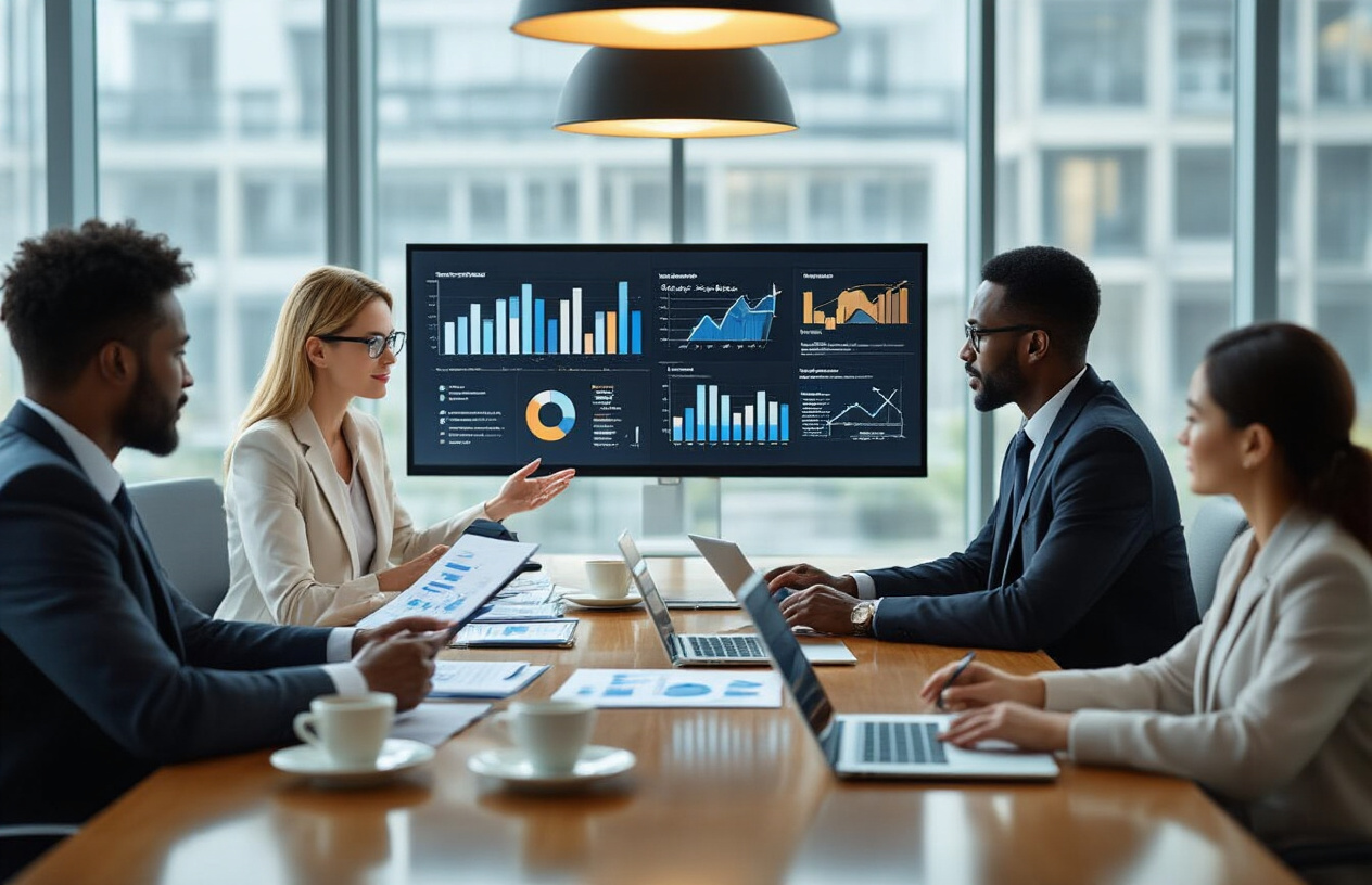 Create a realistic image of a modern corporate boardroom with a diverse group of professionals including a white female executive presenting charts and graphs on a large digital screen, a black male manager reviewing documents, and an Asian female colleague taking notes on a tablet, all seated around a sleek conference table with laptops, coffee cups, and printed analytics reports scattered across the surface, featuring warm professional lighting from overhead fixtures and natural light streaming through floor-to-ceiling windows, conveying a collaborative and focused atmosphere of strategic planning and goal-setting, absolutely NO text should be in the scene.