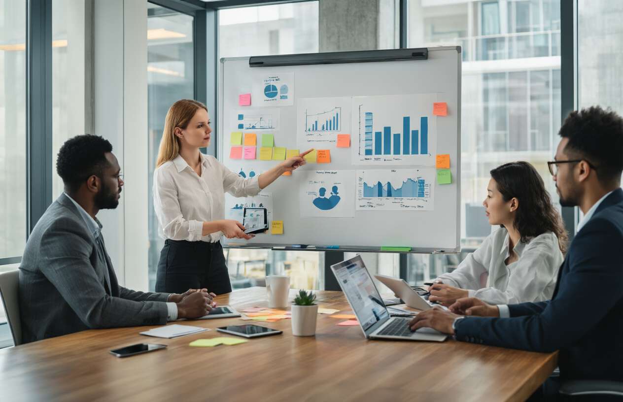 Create a realistic image of a diverse group of professionals collaborating around a modern conference table with laptops, tablets, and sticky notes, featuring a white female project manager pointing to a large whiteboard displaying demographic charts and user persona diagrams, with a black male colleague taking notes and an Asian female team member analyzing data on her tablet, in a bright contemporary office space with floor-to-ceiling windows, warm natural lighting, and a focused collaborative atmosphere. Absolutely NO text should be in the scene.