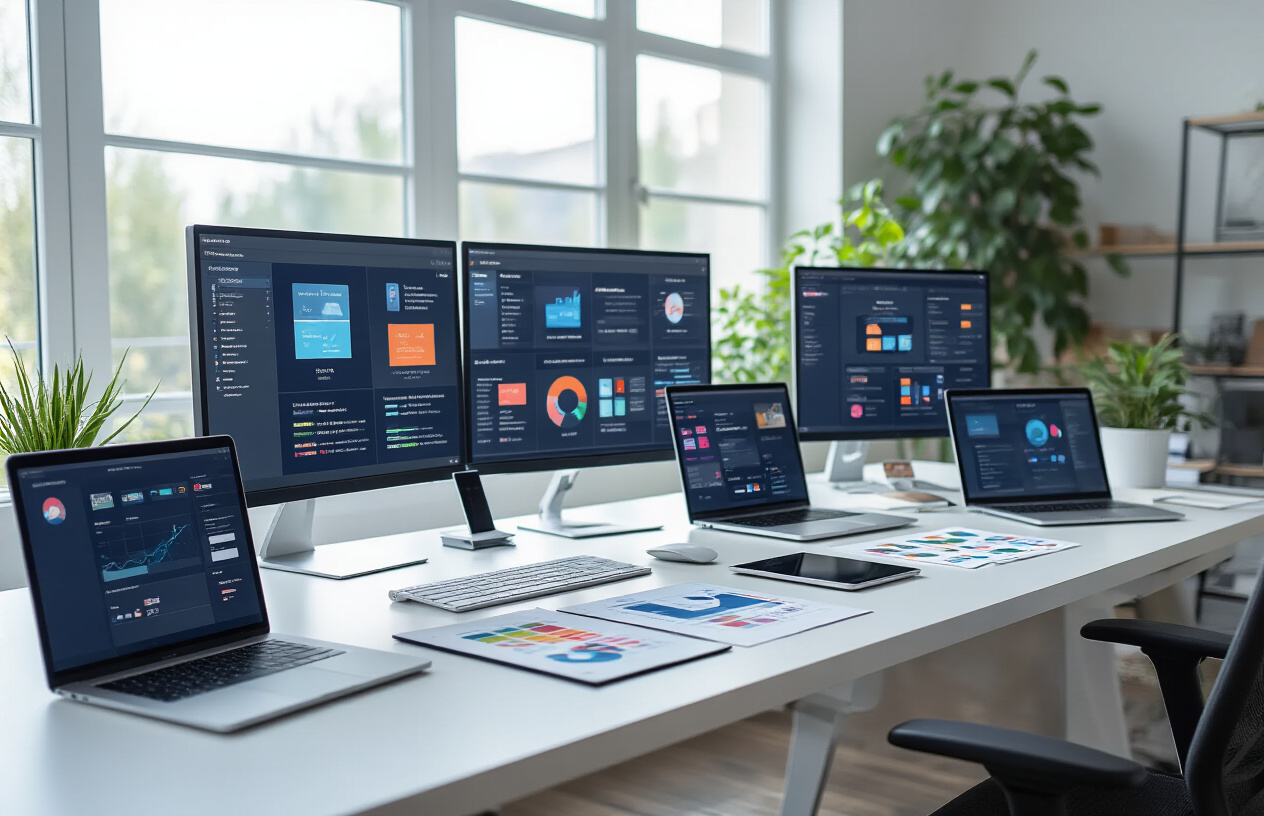Create a realistic image of a modern workspace showing multiple computer screens displaying different community platform interfaces and customization options, with sleek laptops and tablets arranged on a clean white desk, featuring various platform logos and dashboard mockups visible on the screens, surrounded by design elements like color palettes, UI wireframes, and platform comparison charts scattered on the desk, bright natural lighting from a large window, professional and organized atmosphere with a minimalist office background, Absolutely NO text should be in the scene.