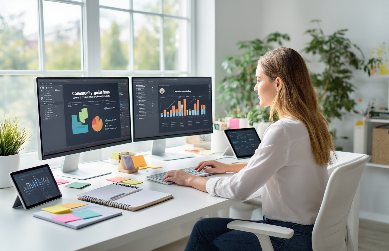 Create a realistic image of a modern workspace setup showing a white female marketing professional sitting at a sleek desk with dual monitors displaying community guidelines and content calendar templates, surrounded by organized notebooks, sticky notes with moderation rules, and a tablet showing social media analytics, with a clean minimalist office background featuring natural lighting from a large window, conveying a focused and strategic planning atmosphere, absolutely NO text should be in the scene.