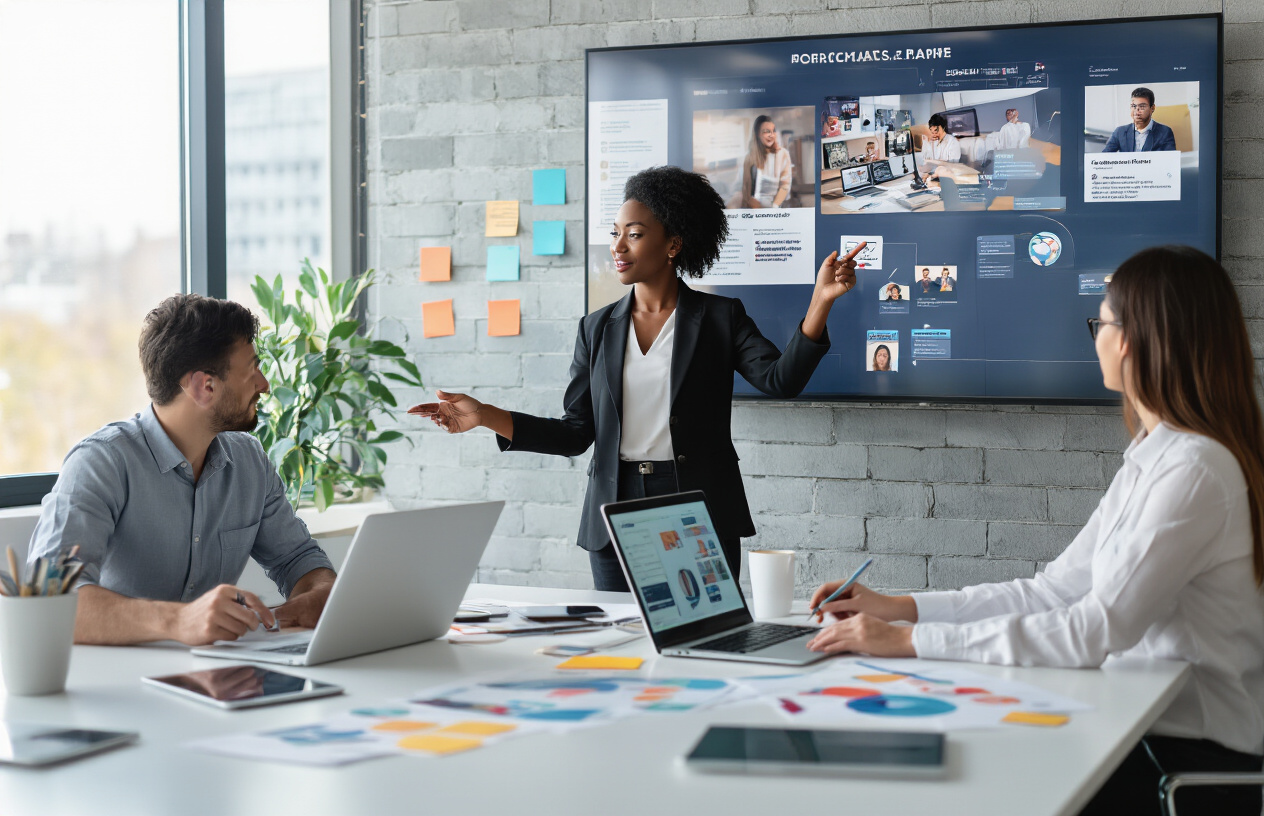 Create a realistic image of a diverse marketing team collaborating around a modern conference table with laptops, smartphones, and tablets displaying social media platforms and communication channels, featuring a black female marketing manager pointing at a large wall-mounted screen showing a promotional campaign timeline, a white male colleague taking notes, and an Asian female team member working on a laptop, all in a bright contemporary office space with natural lighting from large windows, digital marketing materials and strategy documents scattered on the table, with a professional and energetic atmosphere suggesting active campaign planning, absolutely NO text should be in the scene.