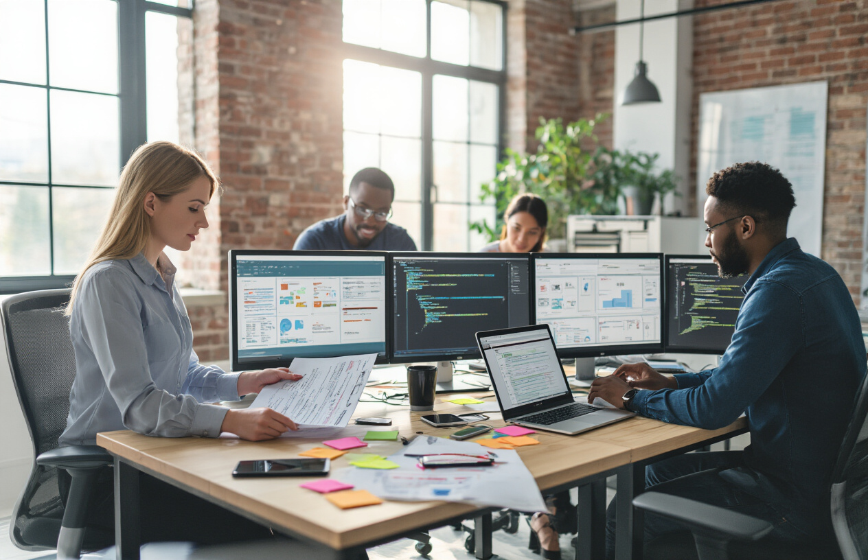 Create a realistic image of a diverse team of professionals in a modern office setting conducting final testing preparations for a digital platform launch, featuring a white female project manager reviewing checklist documents, a black male developer working on multiple computer monitors displaying code and testing interfaces, an Asian female UX designer examining user flow diagrams on a tablet, with laptops, smartphones, testing devices, sticky notes, and launch preparation materials scattered across a collaborative workspace table, bright natural lighting from large windows, professional yet energetic atmosphere conveying anticipation and focus before a major product release, absolutely NO text should be in the scene.