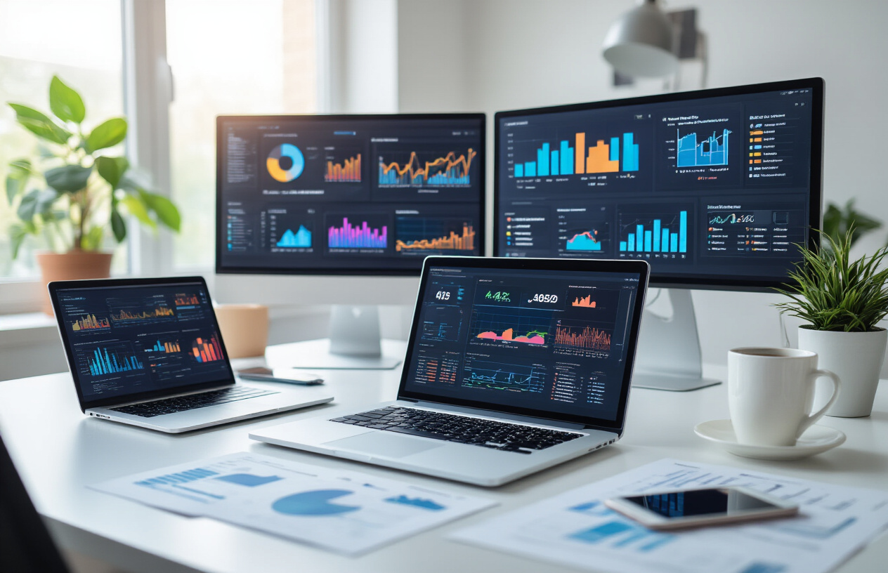 Create a realistic image of a modern workspace showing multiple computer monitors displaying colorful analytics dashboards with graphs, charts, and data visualizations, a sleek laptop open with performance metrics on screen, a smartphone displaying community engagement statistics, scattered analytical reports and documents on a clean white desk, a coffee cup, and a potted plant in the background, all illuminated by soft natural lighting from a nearby window, conveying a professional and organized atmosphere focused on data analysis and performance monitoring, absolutely NO text should be in the scene.