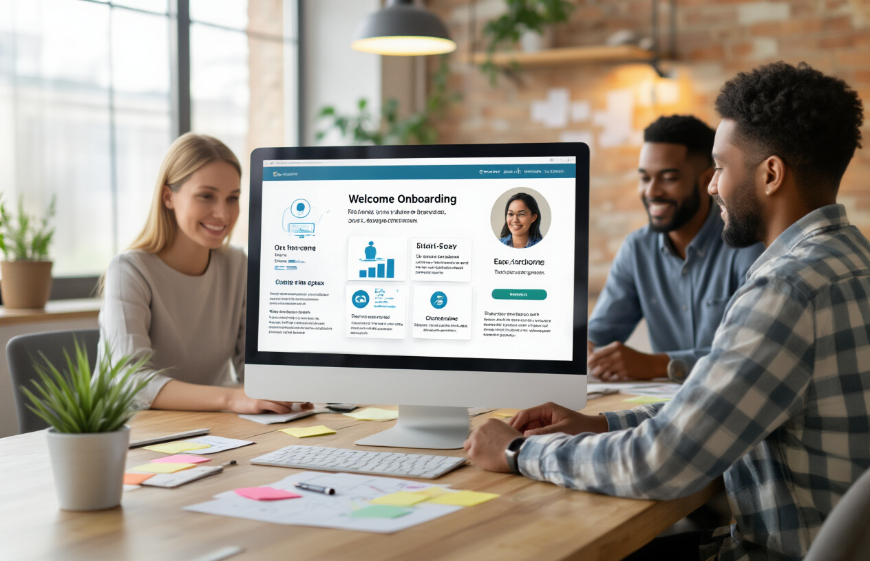Create a realistic image of a modern workspace showing a computer screen displaying a user-friendly digital onboarding interface with welcome screens and step-by-step progress indicators, a diverse group of three people including a white female, black male, and Asian female collaborating around the desk, sticky notes and wireframe sketches scattered on the table, warm office lighting with natural light from windows, professional yet welcoming atmosphere with plants and modern furniture in the background, absolutely NO text should be in the scene.