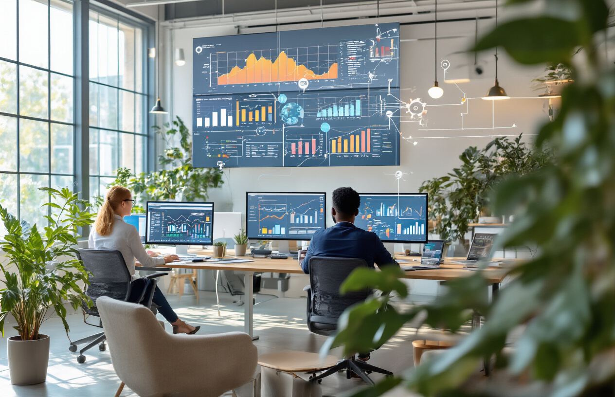 Create a realistic image of a modern office workspace showing interconnected growth systems with a diverse team of professionals including a white female and black male working collaboratively at computers displaying analytics dashboards, colorful upward trending graphs and network diagrams on large wall-mounted screens, flowing connection lines between digital devices suggesting systematic engagement, warm natural lighting from large windows, clean contemporary office environment with plants and collaborative furniture, conveying innovation and strategic planning atmosphere, absolutely NO text should be in the scene.