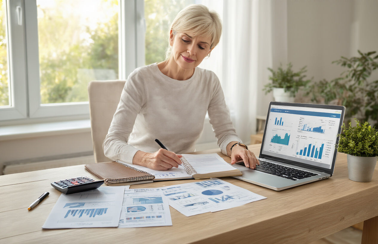 Create a realistic image of a middle-aged white female sitting at a clean wooden desk with financial planning documents spread out, a calculator, pen, and notebook with handwritten goals, alongside a laptop displaying charts and graphs, with a calm home office background featuring soft natural lighting from a window, conveying a focused and organized atmosphere of financial planning and goal setting, absolutely NO text should be in the scene.
