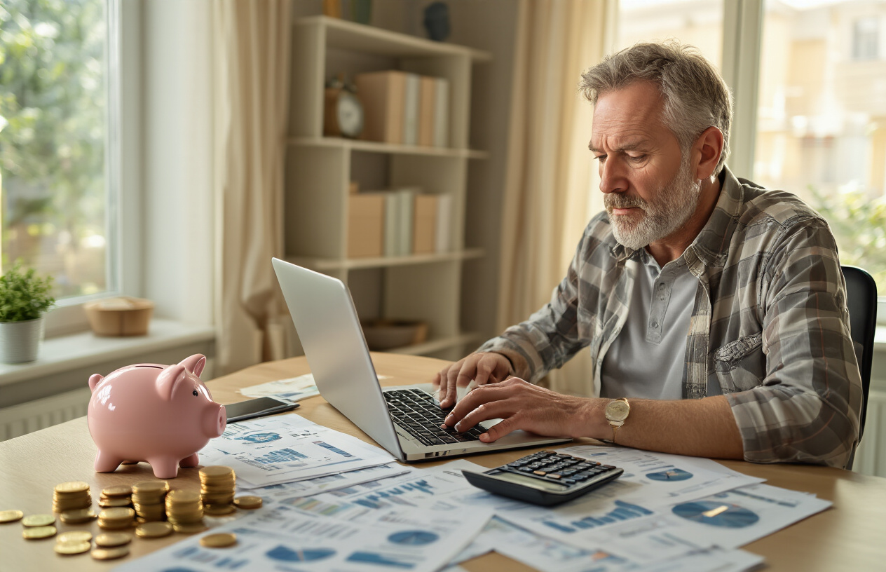 Create a realistic image of a middle-aged white male sitting at a modern desk with a laptop open, surrounded by financial documents, calculator, and retirement account statements spread across the workspace, with a piggy bank and growing stack of coins nearby, in a well-lit home office setting with warm natural lighting from a window, conveying a focused and determined mood as he reviews his retirement savings strategy, absolutely NO text should be in the scene.