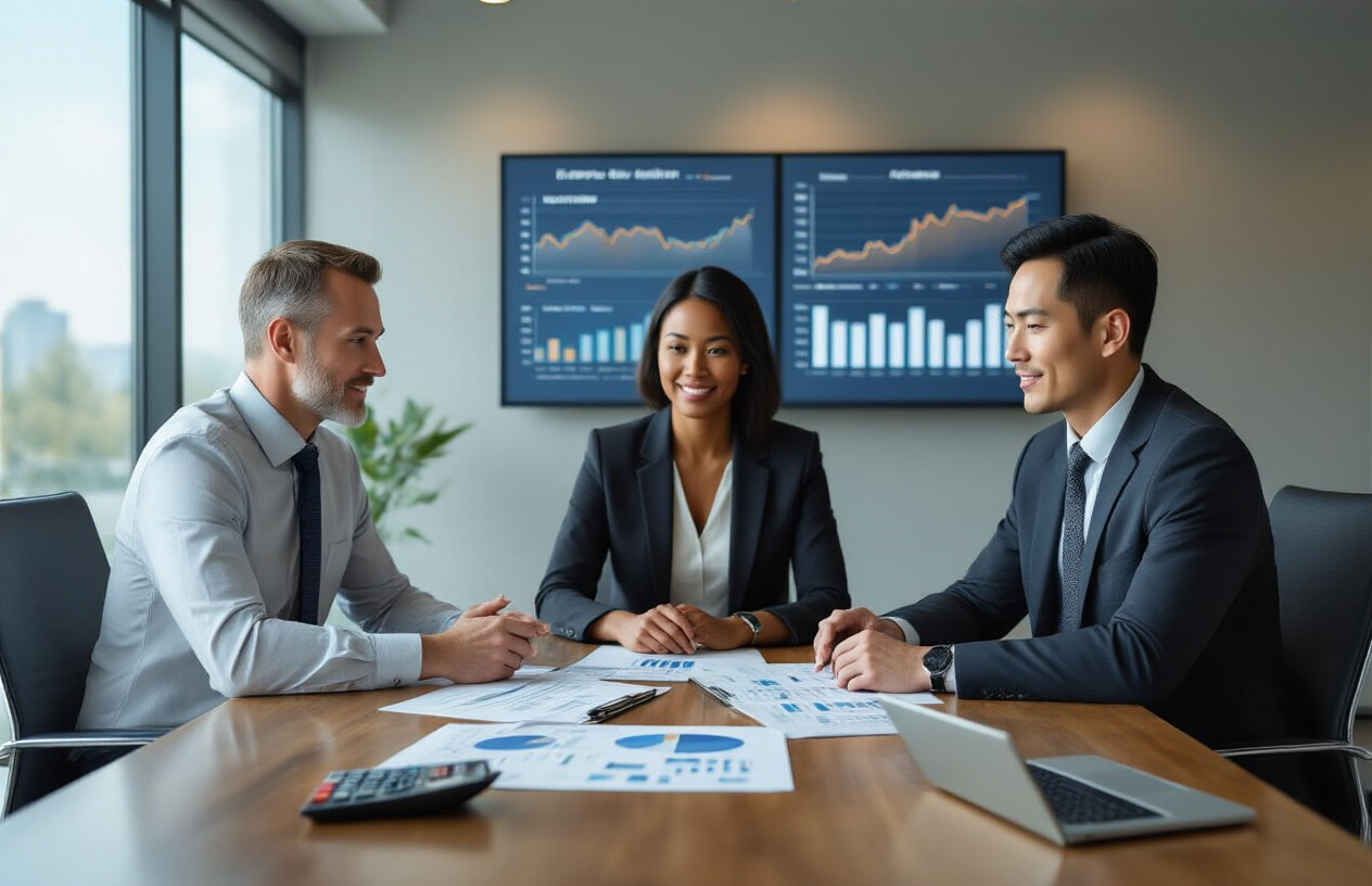 Create a realistic image of a diverse group of three people - a white male financial advisor, a black female client, and an Asian male client - sitting around a modern conference table reviewing investment documents and charts that show different risk levels and timelines, with a sleek office background featuring large windows with natural daylight, calculator and laptop on the table, professional business attire, focused and collaborative mood, clean modern lighting, absolutely NO text should be in the scene.