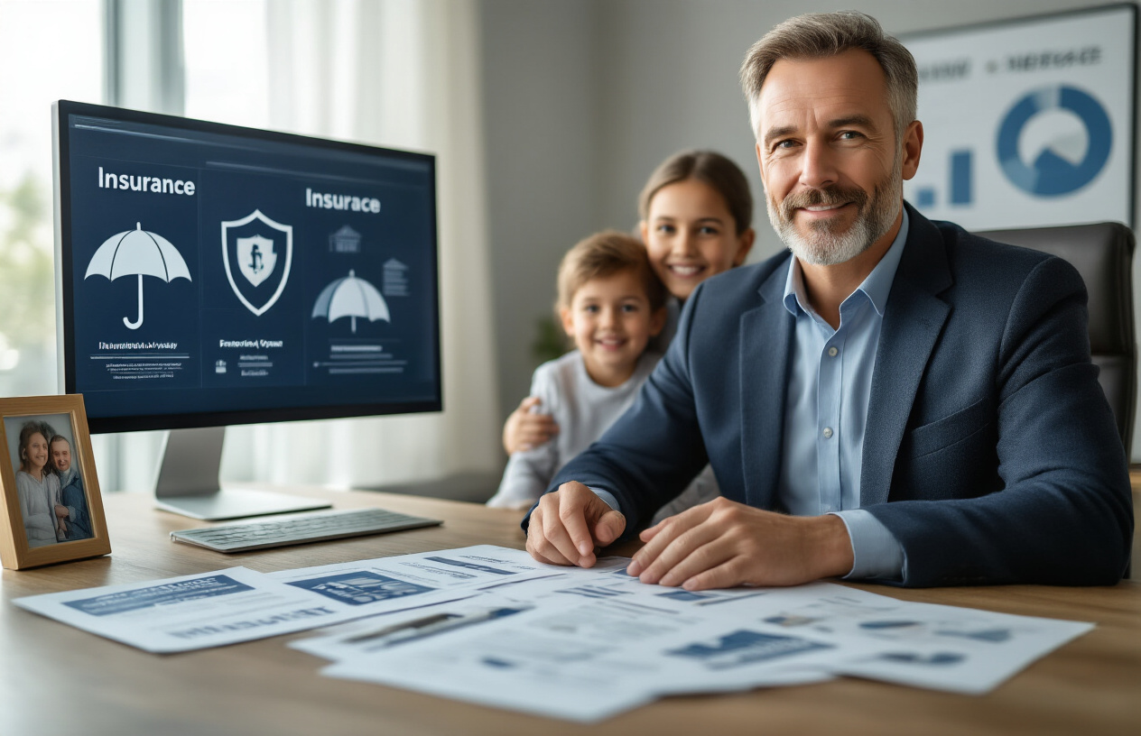 Create a realistic image of a middle-aged white male financial advisor sitting at a modern office desk with multiple insurance policy documents, umbrella icons, and protective shields scattered across the surface, while a diverse family photo sits nearby, with soft natural lighting from a window creating a professional and secure atmosphere, complemented by charts showing different types of insurance coverage on a wall-mounted monitor in the background, absolutely NO text should be in the scene.