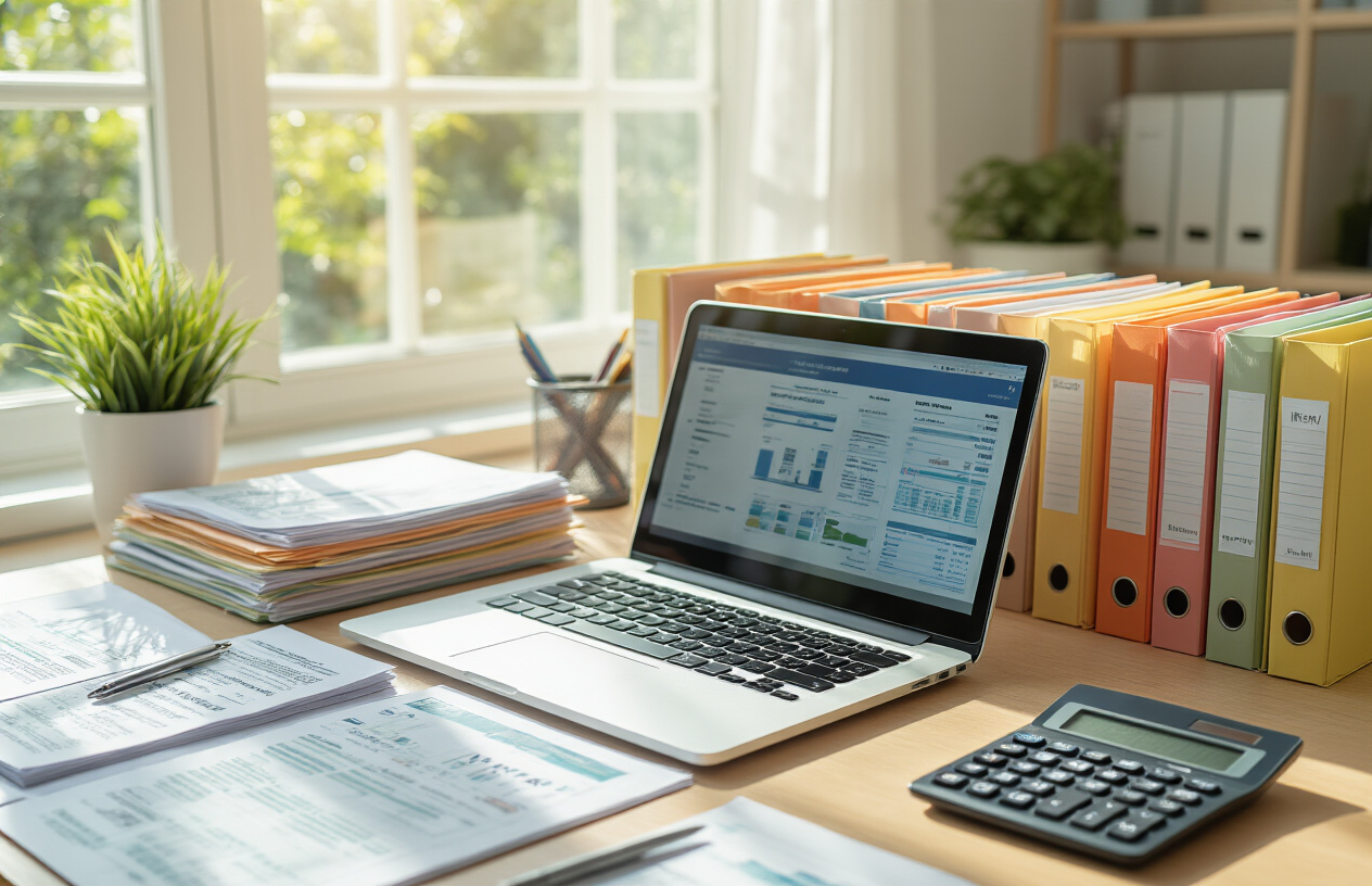 Create a realistic image of a clean, organized desk with multiple financial documents neatly arranged in labeled folders, a laptop computer displaying a digital banking interface, several bank statements and investment account papers sorted into color-coded file organizers, a calculator, pen, and notepad with handwritten notes, set in a bright, well-lit home office with natural sunlight streaming through a window, conveying a sense of order and financial organization, absolutely NO text should be in the scene.