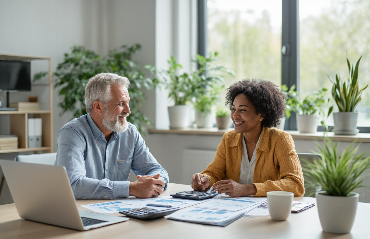 Create a realistic image of a diverse group including a white male and black female in their 50s sitting at a modern conference table with financial documents, calculators, and laptops spread out, showing expressions of satisfaction and accomplishment as they review their completed retirement planning materials, with a bright modern office setting featuring large windows with natural daylight, potted plants, and a clean professional atmosphere that conveys success and financial security, absolutely NO text should be in the scene.