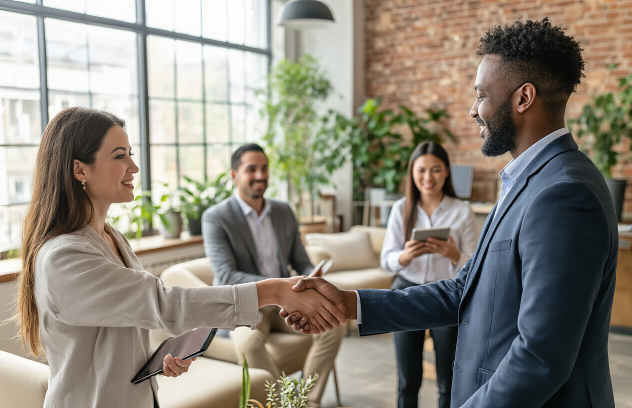 Create a realistic image of diverse professionals networking in a modern co-working space, showing a white female entrepreneur shaking hands with a black male business executive while an Asian female professional and a Hispanic male consultant engage in conversation nearby, all holding tablets or smartphones, with comfortable seating areas, large windows providing natural lighting, potted plants, and a warm collaborative atmosphere that conveys community building and professional relationship development, absolutely NO text should be in the scene.