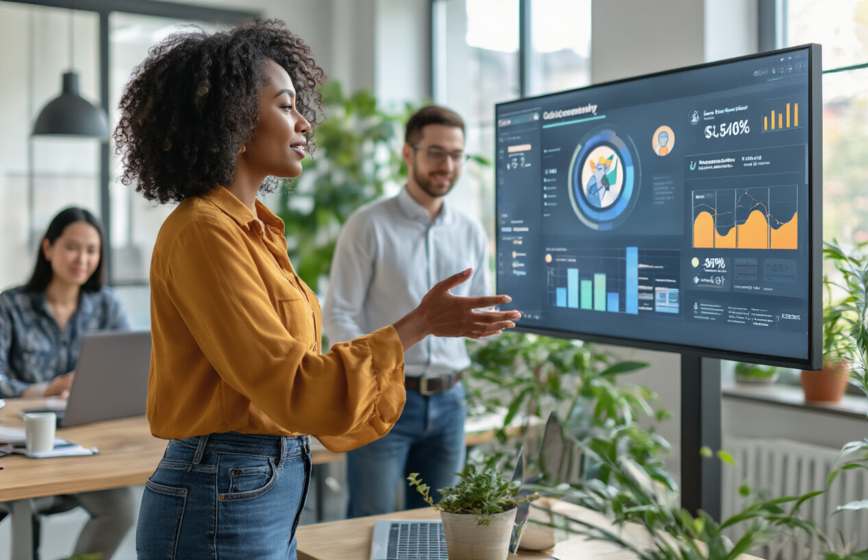 Create a realistic image of diverse community members actively collaborating and leading discussions in a modern digital workspace, featuring a black female facilitator gesturing toward a large interactive display showing community engagement metrics, with a white male and an Asian female working together on laptops, surrounded by contemporary office furniture with plants and natural lighting streaming through large windows, conveying an atmosphere of empowerment, collaboration, and active participation, absolutely NO text should be in the scene.