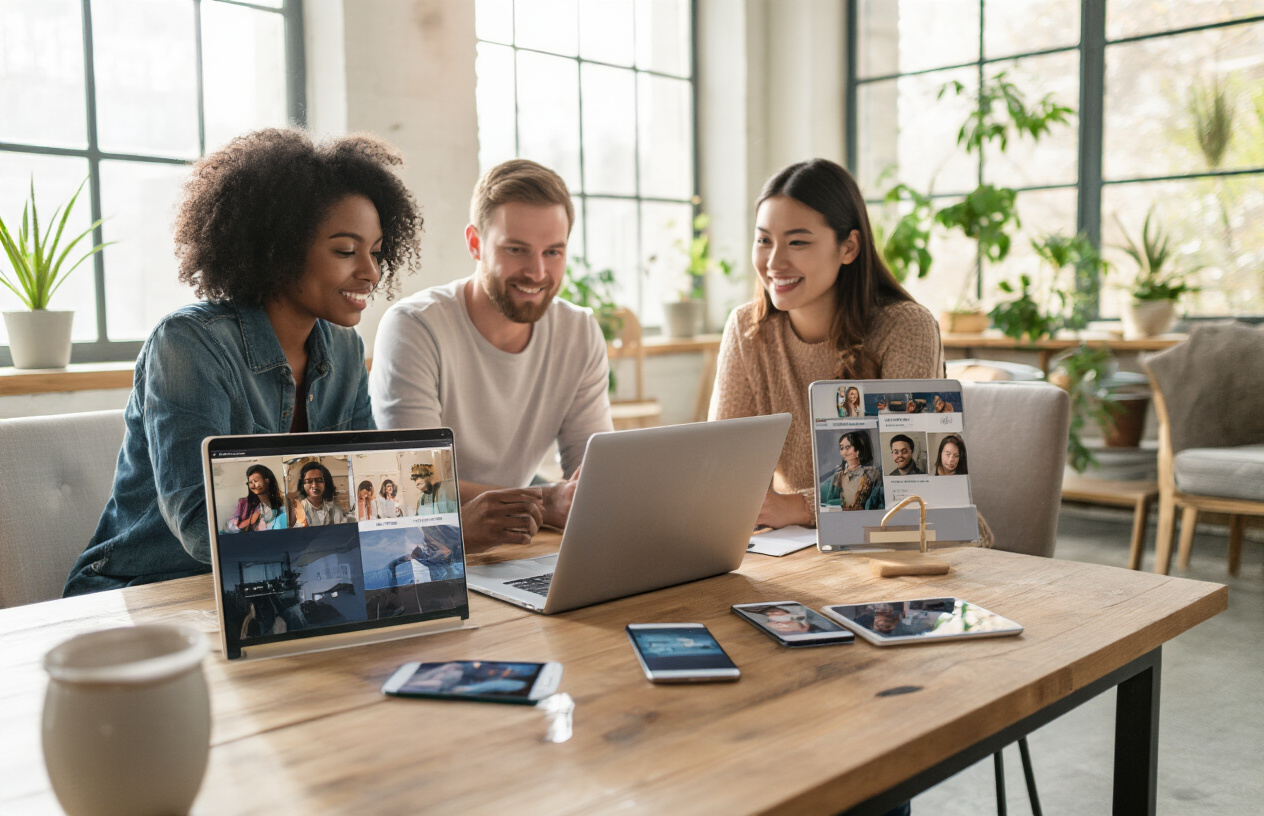 Create a realistic image of a diverse group of people including a black female, white male, and Asian female sitting in a modern coworking space collaborating around a laptop computer, with smartphones displaying social media content and user photos scattered on a wooden table, natural lighting streaming through large windows creating a warm and authentic atmosphere, showing people actively engaging with digital content and sharing stories, with a contemporary office background featuring plants and comfortable seating, capturing the essence of genuine community interaction and content creation, absolutely NO text should be in the scene.