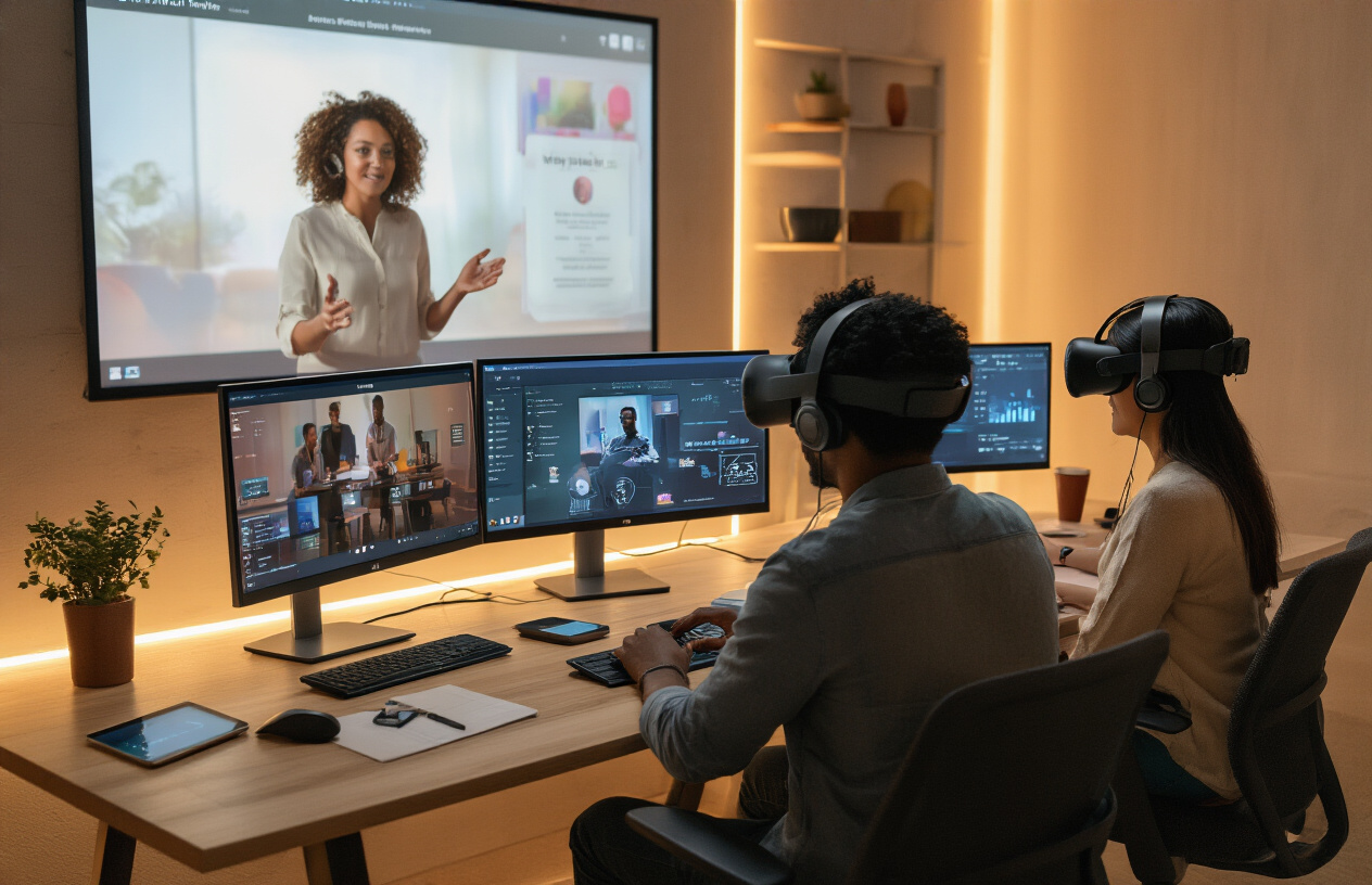 Create a realistic image of diverse participants engaged in an immersive virtual event experience, showing a white female presenter on a large screen leading an interactive workshop while a black male and Asian female attendee sit at modern home office setups with multiple monitors, VR headsets nearby, and engaging digital interfaces visible on their screens, with warm ambient lighting creating an inviting atmosphere that conveys connection and excitement, featuring modern technology elements like tablets, smartphones, and wireless headphones scattered around their workspaces, absolutely NO text should be in the scene.