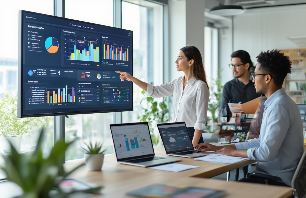 Create a realistic image of a modern workspace showing diverse people collaborating on digital engagement strategies, featuring a white female marketing manager pointing at a large wall-mounted screen displaying colorful interactive dashboard analytics, a black male team member working on a laptop with social media platforms visible, and an Asian female colleague taking notes while reviewing mobile app engagement metrics, the scene set in a bright contemporary office with natural lighting from large windows, innovative tech elements like AR displays and digital collaboration tools visible in the background, professional yet creative atmosphere with modern furniture and plants, absolutely NO text should be in the scene.