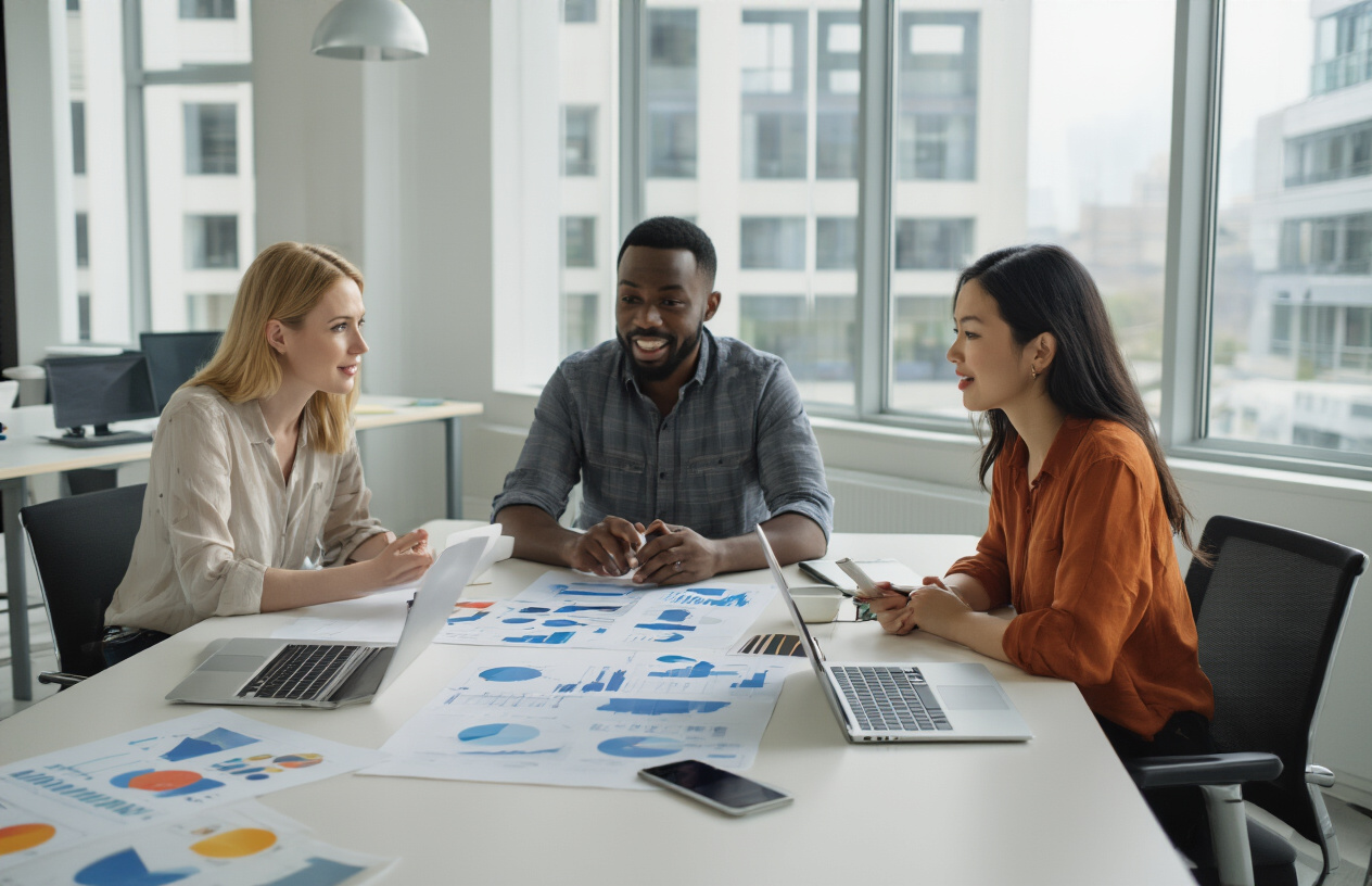 Create a realistic image of a diverse group of people including a white female, black male, and Asian female sitting around a modern conference table with laptops and tablets, engaged in animated discussion while reviewing user experience charts and workflow diagrams spread across the table, in a bright contemporary office space with large windows, natural lighting, and a collaborative atmosphere that conveys focus on quality execution and customer satisfaction. Absolutely NO text should be in the scene.
