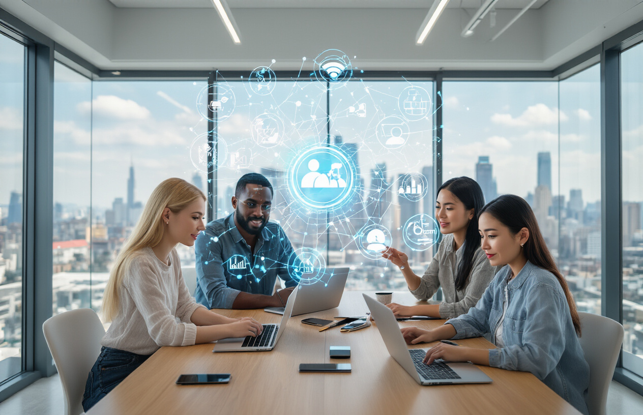Create a realistic image of a diverse group of social media influencers including a white female, black male, and Asian female collaborating around a modern conference table with laptops and smartphones, surrounded by floating holographic network connection icons and partnership symbols, in a bright contemporary office space with large windows showing a city skyline, conveying a collaborative and innovative atmosphere with natural lighting, absolutely NO text should be in the scene.