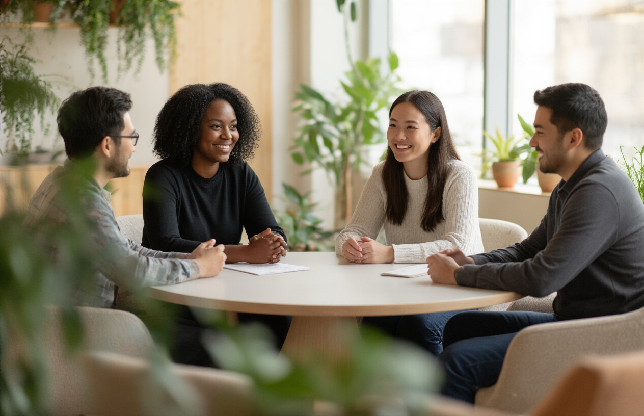 Create a realistic image of a diverse group of people sitting in a comfortable, modern meeting space with soft natural lighting, featuring a Black female, Asian male, White female, and Hispanic male engaged in friendly conversation around a circular table, with welcoming body language and genuine smiles, surrounded by plants and warm-toned furniture that creates an inclusive and safe atmosphere, shot from a slightly elevated angle to show the collaborative circle formation, absolutely NO text should be in the scene.