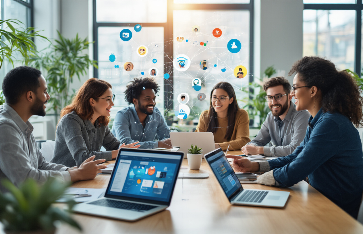 Create a realistic image of a diverse group of people including white, black, and Asian individuals of mixed genders sitting around a modern conference table in a bright, contemporary office space, with laptops and tablets open showing various social media and community platform interfaces, digital network connection lines subtly overlaying the scene to represent online connectivity, warm natural lighting from large windows creating an optimistic and collaborative atmosphere, people engaged in animated discussion and gesturing toward their devices, modern furniture and plants in the background suggesting innovation and growth, absolutely NO text should be in the scene.