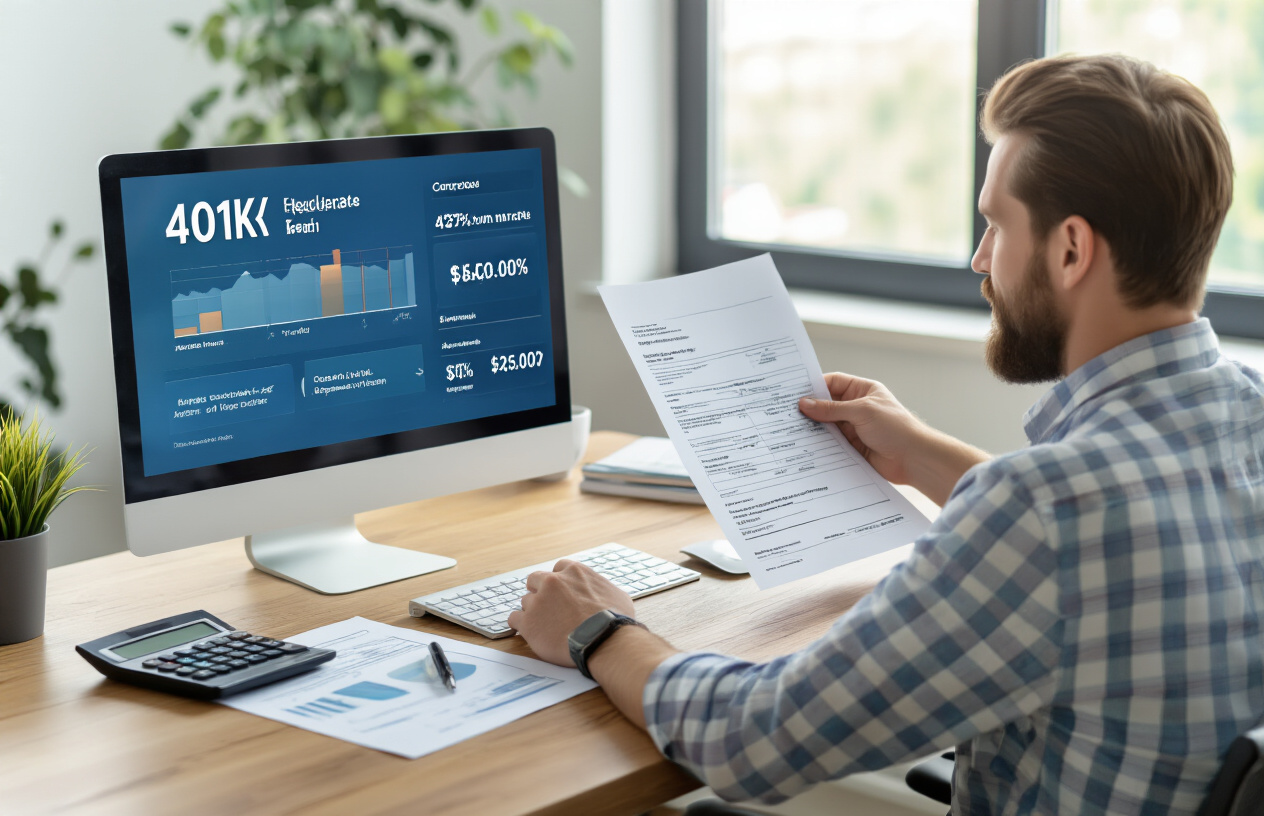 Create a realistic image of a professional white male in his early 30s sitting at a modern office desk, looking at a computer screen displaying a 401(k) account dashboard with contribution percentages and employer matching information, while holding documents related to retirement benefits, with a calculator and pen nearby on the wooden desk, set in a bright contemporary office environment with natural lighting from a window, conveying a focused and optimistic mood about financial planning, absolutely NO text should be in the scene.