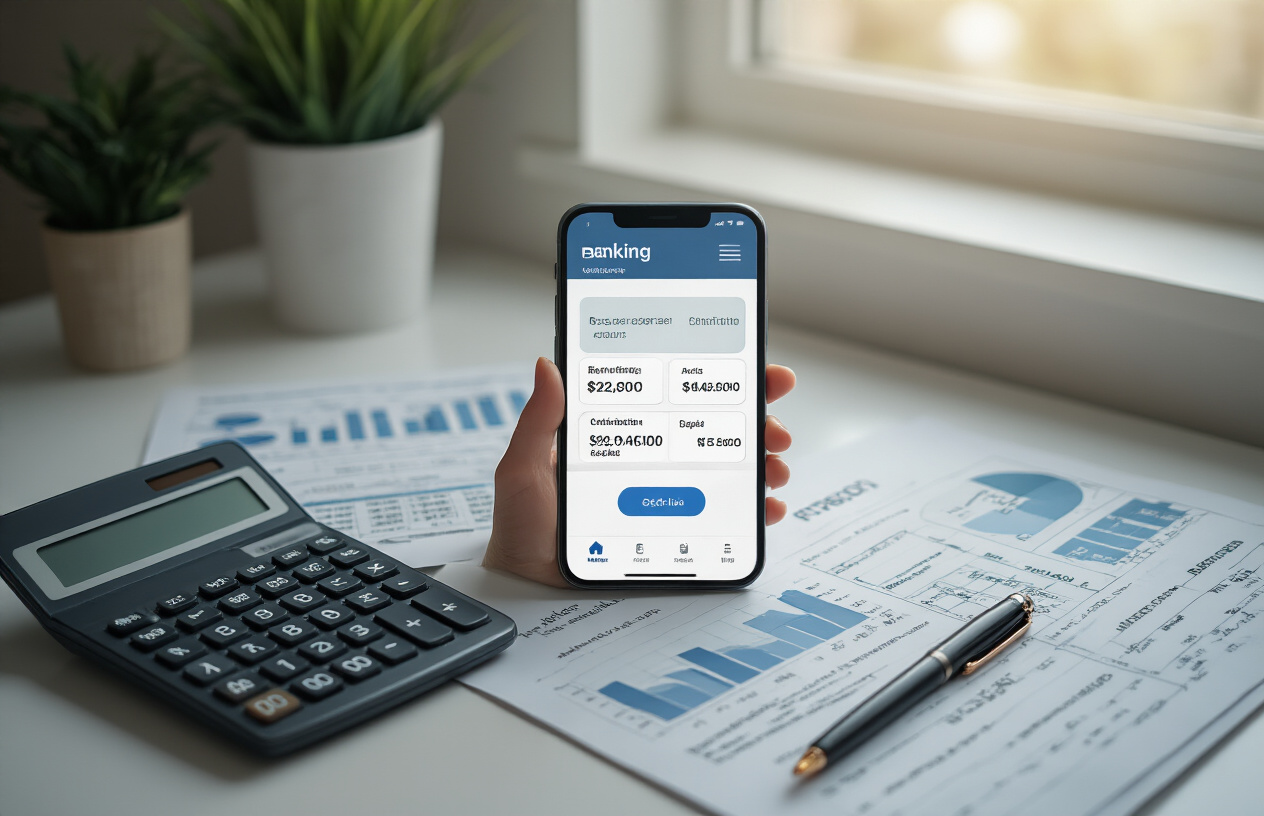 Create a realistic image of a modern smartphone displaying a banking app interface with automated savings transfer settings, surrounded by financial documents including retirement account statements and contribution charts, with a calculator and pen nearby on a clean white desk, soft natural lighting from a window creating a professional and organized atmosphere, absolutely NO text should be in the scene.