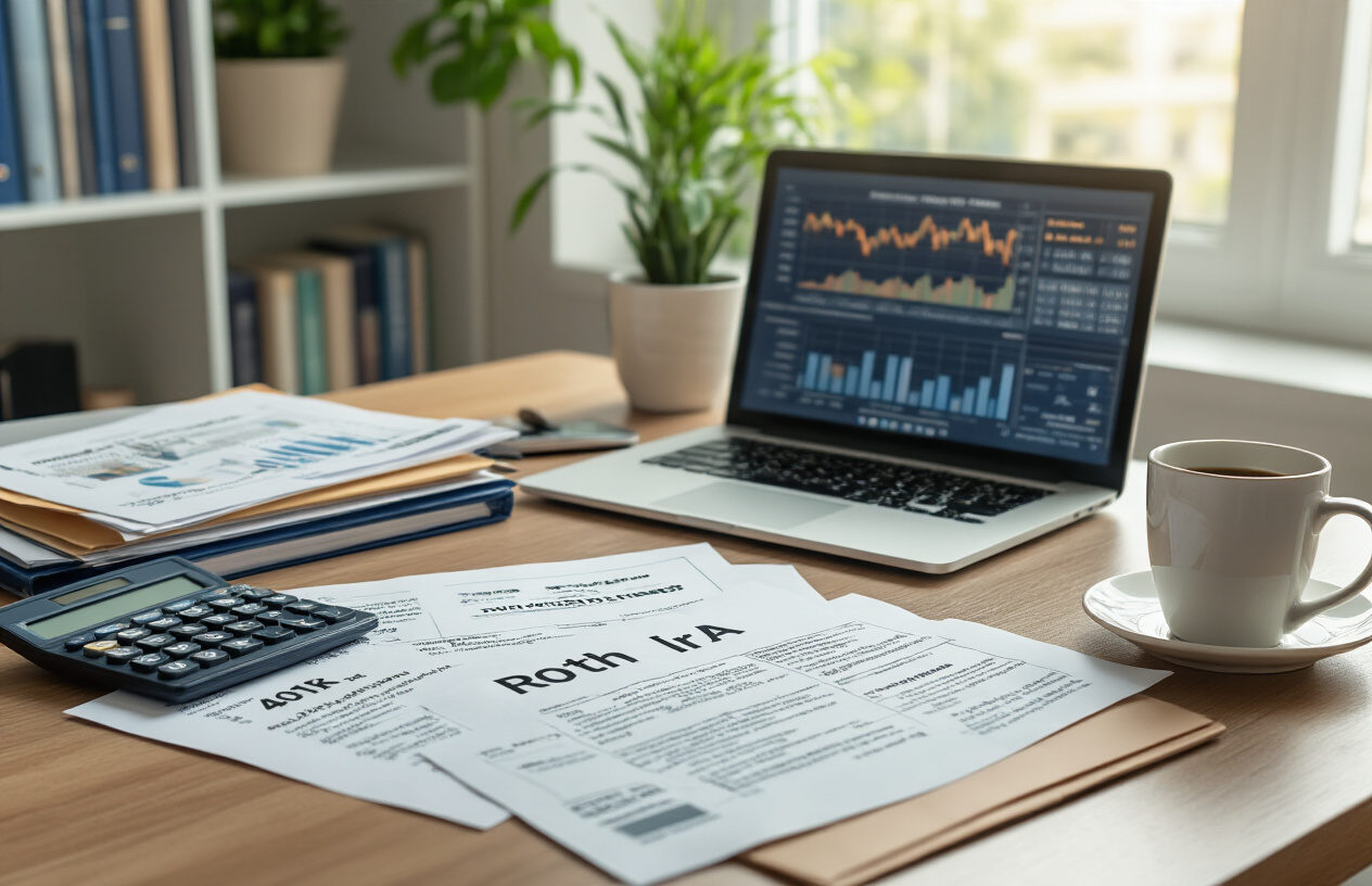 Create a realistic image of a clean modern office desk with various retirement account documents and folders spread out, including 401k, IRA, and Roth IRA paperwork, alongside a calculator, laptop computer showing financial charts, and a coffee cup, with soft natural lighting from a window creating a professional atmosphere, and a potted plant in the background on a bookshelf filled with financial planning books, absolutely NO text should be in the scene.