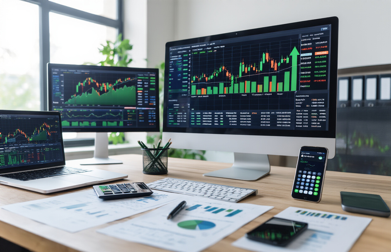 Create a realistic image of a modern financial workspace showing multiple computer monitors displaying colorful upward-trending stock charts, growth graphs, and investment portfolio analytics with green ascending arrows, a sleek desktop with financial documents and a calculator scattered around, a smartphone showing a trading app interface, the scene set in a contemporary office environment with natural lighting from a window, creating a professional and optimistic atmosphere that conveys aggressive long-term investment growth strategies, absolutely NO text should be in the scene.