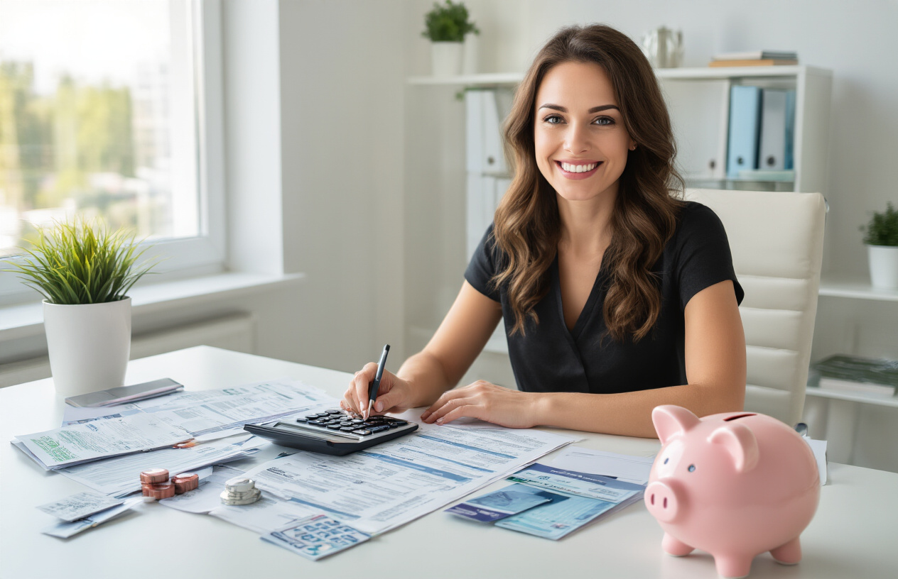 Create a realistic image of a white female financial advisor in her 30s sitting at a modern desk with a calculator, medical bills, tax documents, and HSA account statements spread out in an organized manner, with a piggy bank and health insurance cards visible, set in a bright contemporary office with natural lighting from a window, conveying a professional and optimistic mood about healthcare financial planning, absolutely NO text should be in the scene.