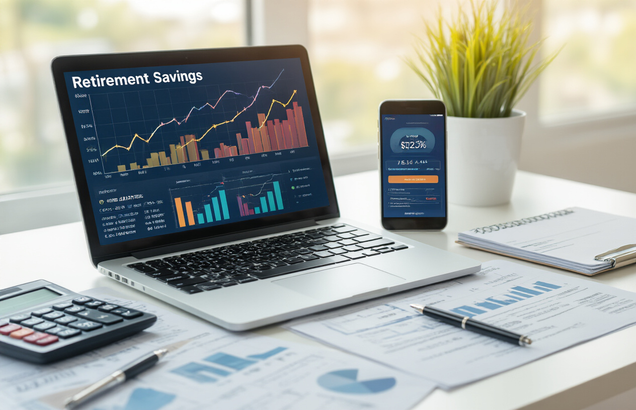 Create a realistic image of a professional workspace showing retirement savings progress tracking, featuring a sleek laptop computer displaying colorful charts and graphs with rising trend lines, alongside a smartphone showing a retirement savings app interface, scattered financial documents and reports on a clean white desk, a calculator, and a notepad with handwritten numbers, warm natural lighting from a nearby window, modern office setting with a subtle bokeh background, professional and encouraging atmosphere that conveys financial progress and planning success, absolutely NO text should be in the scene.