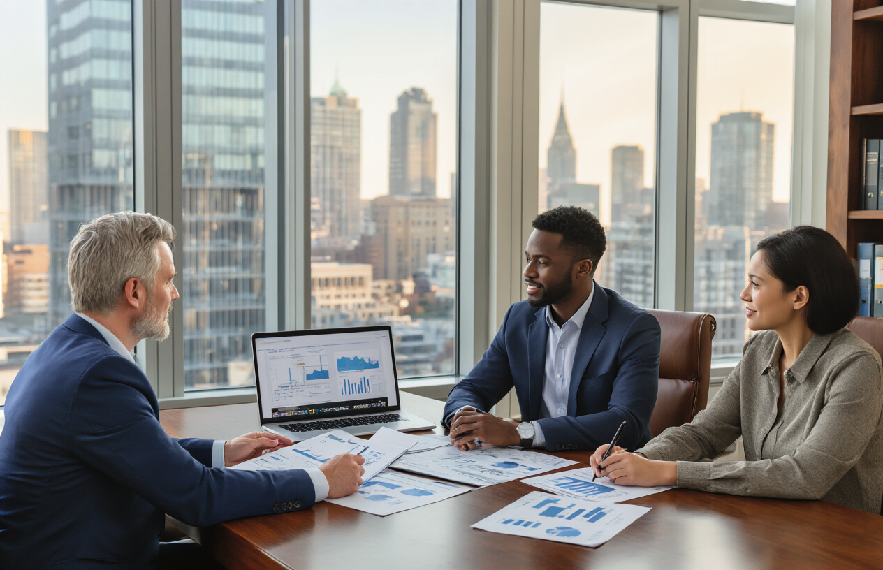 Create a realistic image of a professional consultation meeting in a modern office setting where a white male financial advisor in a navy business suit is sitting across from a diverse couple in their 30s (an Asian female and a Black male) at a polished wooden conference table, with the advisor showing financial documents and charts spread across the table, while a laptop displaying graphs is open nearby, set against a backdrop of floor-to-ceiling windows showing a city skyline, with warm natural lighting creating a trustworthy and professional atmosphere, and modern office furniture including leather chairs and a bookshelf with financial planning resources visible in the background. Absolutely NO text should be in the scene.