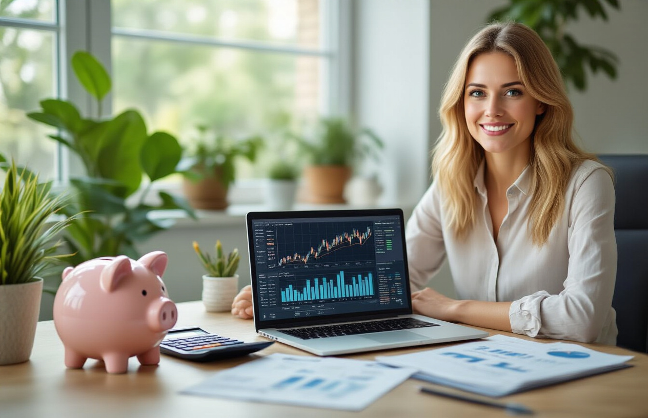 Create a realistic image of a confident white female in her early 30s sitting at a modern desk with a laptop open showing financial charts and graphs, surrounded by symbols of financial success including a piggy bank, calculator, and stack of papers, with a bright and optimistic home office setting featuring natural lighting from a window, plants in the background, and a peaceful atmosphere that conveys achievement and financial security planning, absolutely NO text should be in the scene.