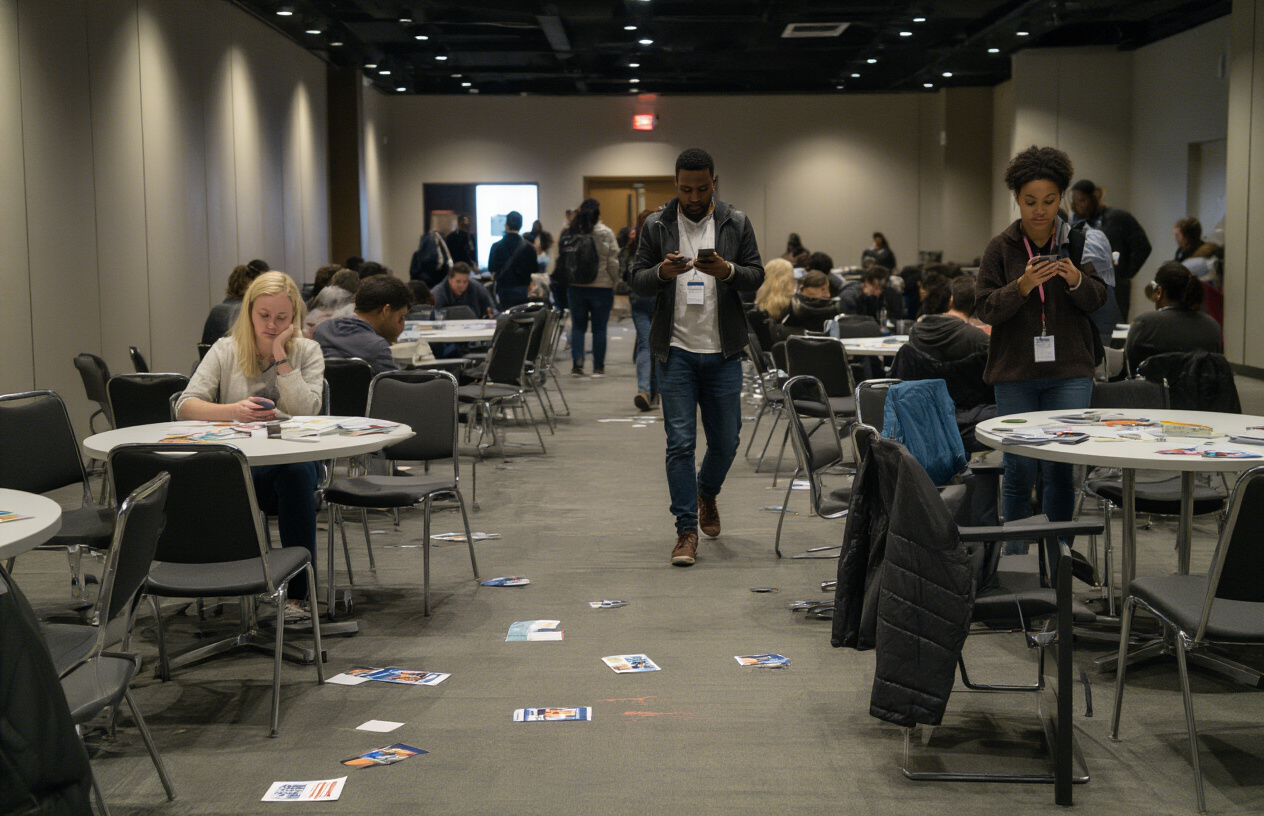 Create a realistic image of a modern conference room or event space with scattered empty chairs and tables, showing the aftermath of a community event, with a few diverse people (including a white female and black male) looking at their phones while walking away in the background, dim lighting suggesting the end of an event, with some leftover materials like name tags and brochures on tables, conveying a sense of post-event disconnection and declining energy, shot from a wide angle perspective to emphasize the emptying space and fading community interaction, absolutely NO text should be in the scene.