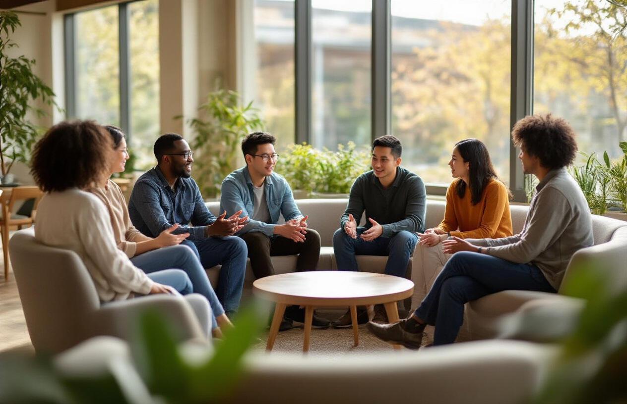 Create a realistic image of a diverse group of people including white, black, and Asian males and females sitting in a modern circular arrangement having an animated discussion, with some leaning forward engaged in conversation while others are actively listening and gesturing, set in a contemporary community space with warm natural lighting streaming through large windows, featuring comfortable seating and plants in the background, conveying a sense of genuine connection and meaningful interaction rather than passive participation, with a welcoming and energetic atmosphere that suggests authentic community building. Absolutely NO text should be in the scene.