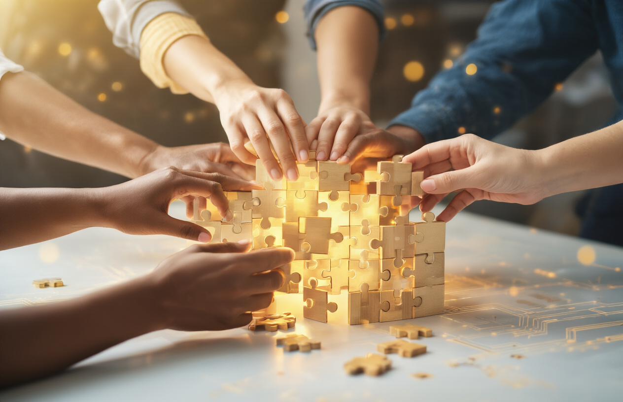 Create a realistic image of diverse hands of different ethnicities coming together to build a strong foundation made of interconnected digital building blocks and puzzle pieces, with soft golden lighting illuminating the collaborative construction process, set against a clean modern background with subtle tech elements like circuit patterns, conveying unity and teamwork in establishing a solid base for community growth, absolutely NO text should be in the scene.