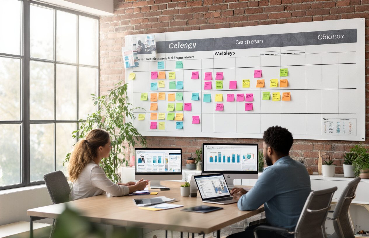 Create a realistic image of a modern office workspace showing a large wall calendar with colorful sticky notes and scheduled events arranged in organized weekly patterns, a diverse group including a white female and black male community managers sitting at a conference table reviewing engagement metrics on laptops and tablets, with multiple computer screens displaying community activity dashboards in the background, warm natural lighting from large windows, professional yet collaborative atmosphere with plants and modern furniture, showing the systematic planning and rhythm of community engagement activities, absolutely NO text should be in the scene.